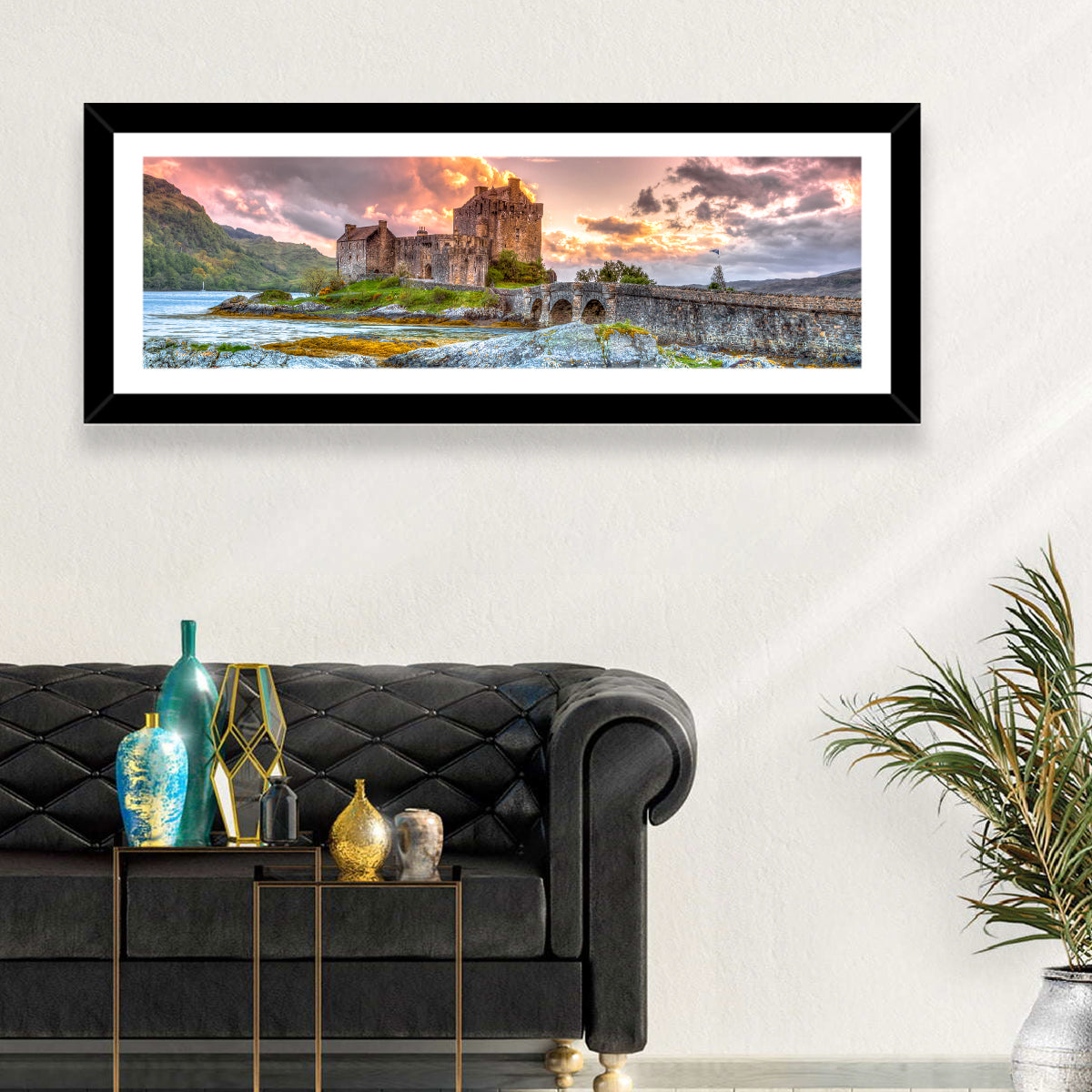 Eilean Donan Castle at Sunset Wall Art in a room, panoramic
