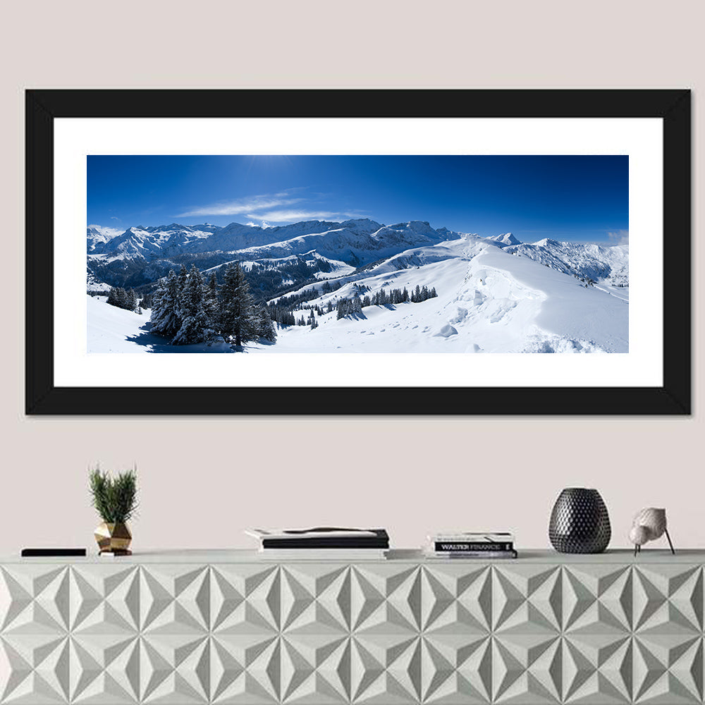 Snowy Bernese Alps Wall Art in a room, panoramic