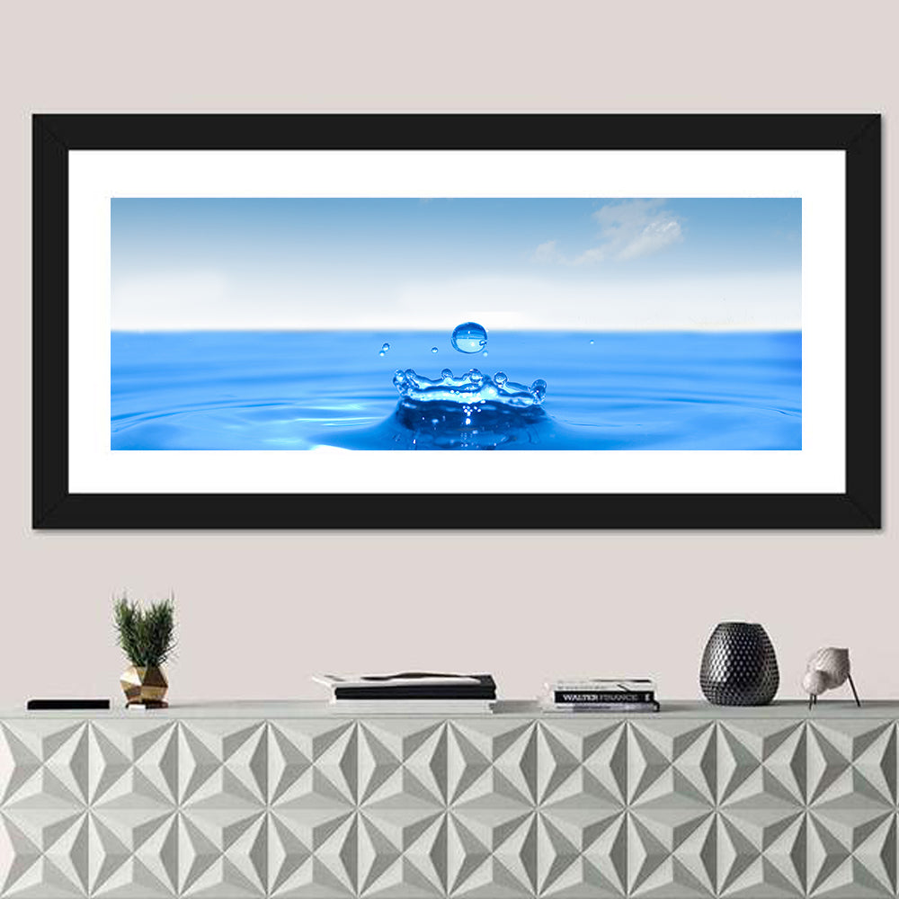 Ocean Water Drop Wall Art in a room, panoramic