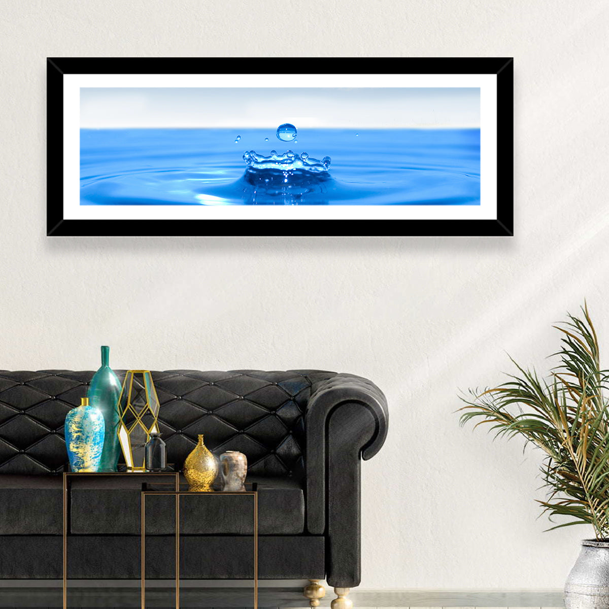 Ocean Water Drop Wall Art in a room, panoramic