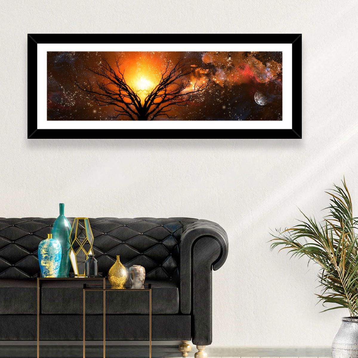 Haunted Tree Under Nebula Wall Art in a room, panoramic