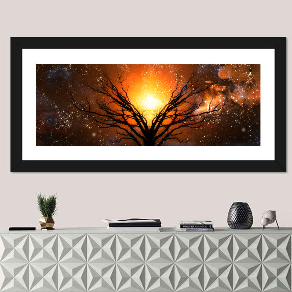 Haunted Tree Under Nebula Wall Art in a room, panoramic