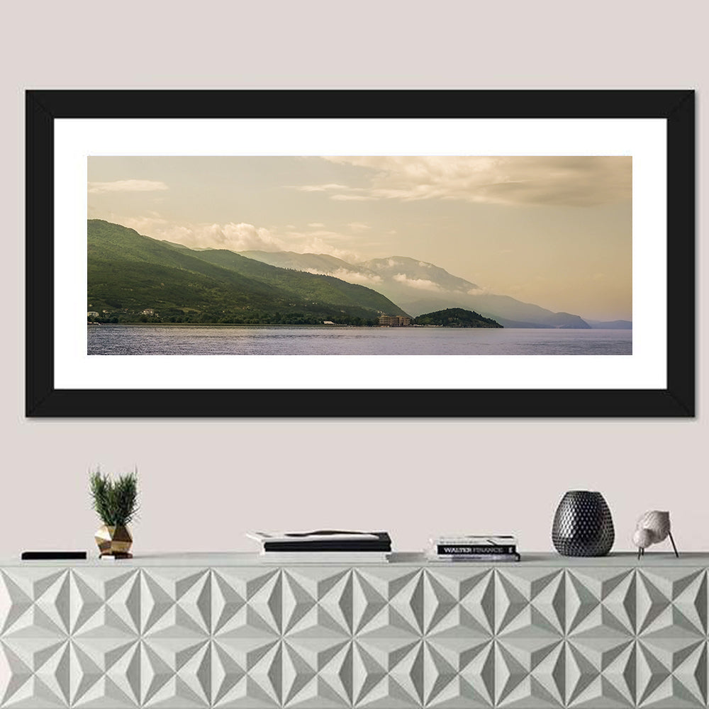 Ohrid Lakeshore Mountain View Wall Art in a room, panoramic