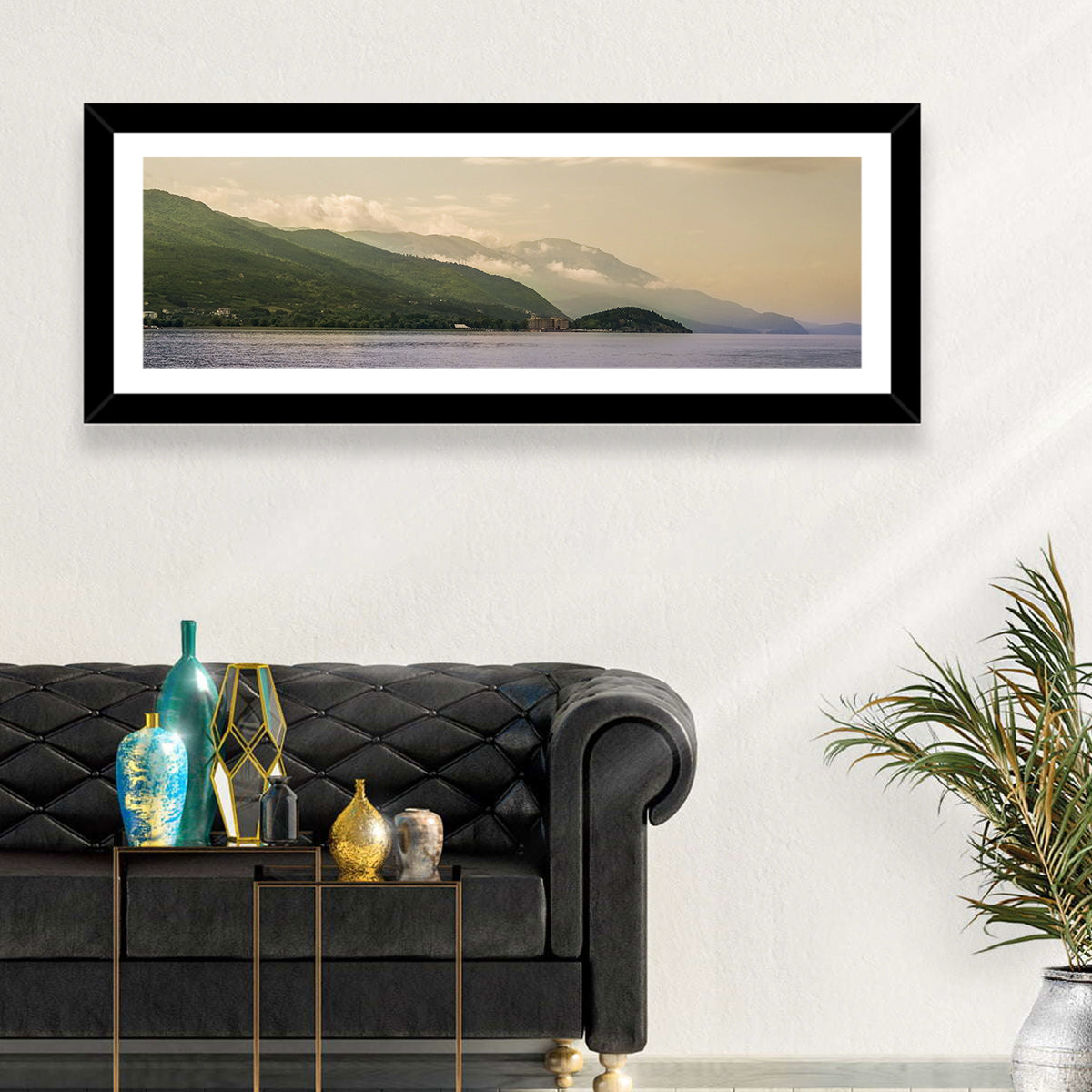 Ohrid Lakeshore Mountain View Wall Art in a room, panoramic