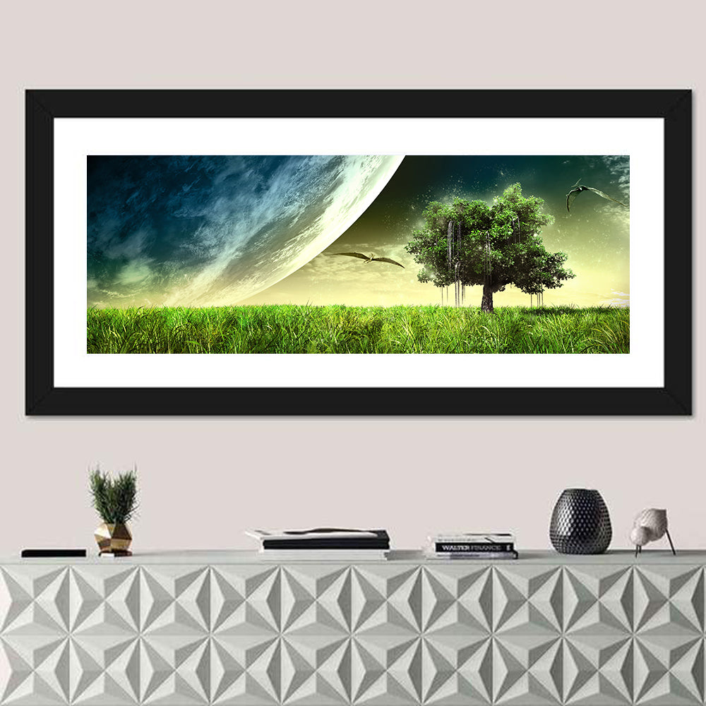 Alien Meadow Under a Giant Planet Wall Art in a room, panoramic