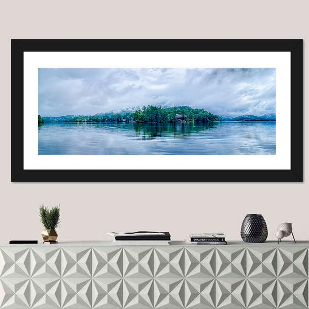 Lake Santeetlah Reflection Wall Art in a room, panoramic