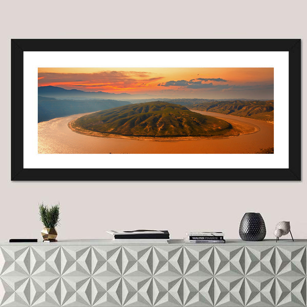 Yellow River Qianshan Bend Wall Art in a room, panoramic