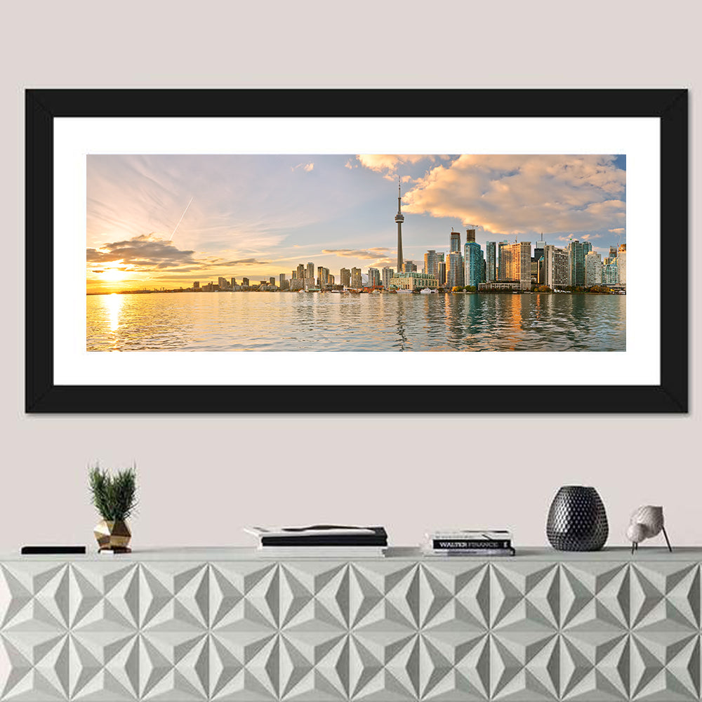 Toronto Golden Hour Skyline Wall Art in a room, panoramic