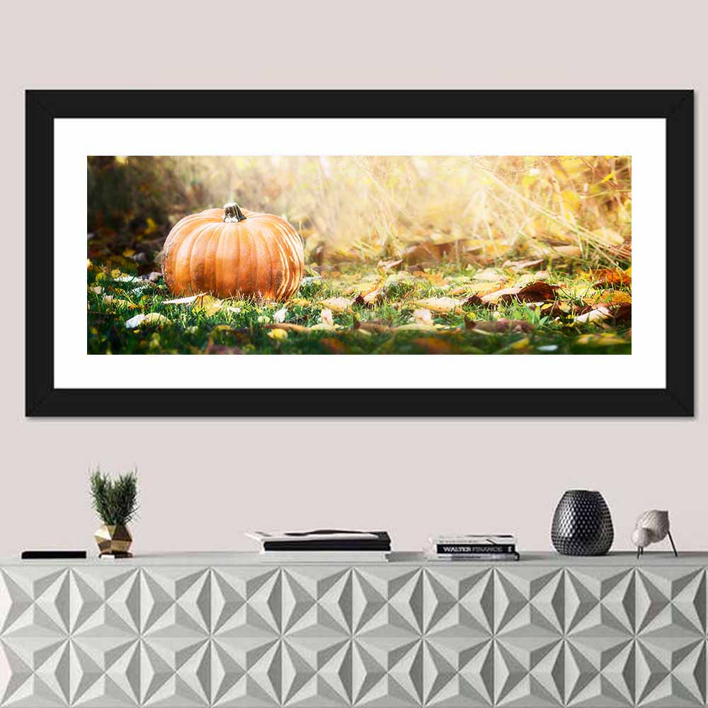 Autumn Pumpkin in Golden Foliage Wall Art in a room, panoramic