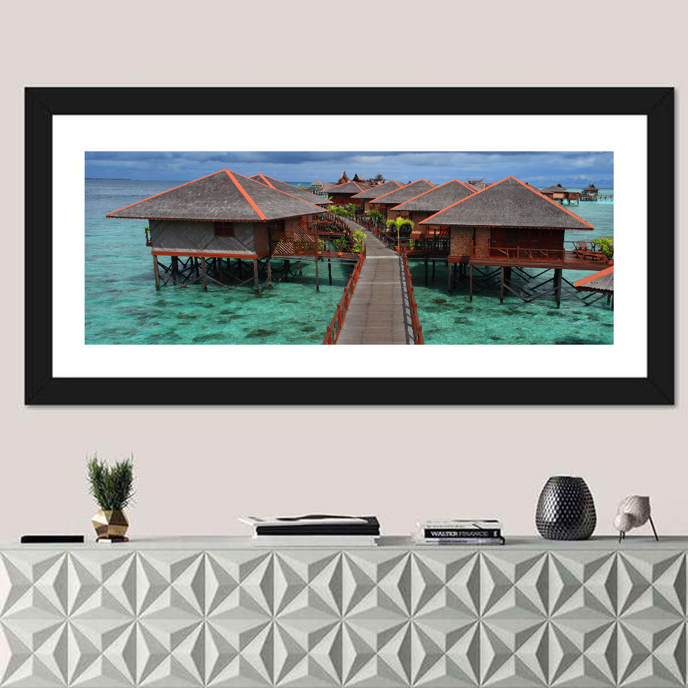 Overwater Bungalows Boardwalk Over Turquoise Sea Wall Art in a room, panoramic
