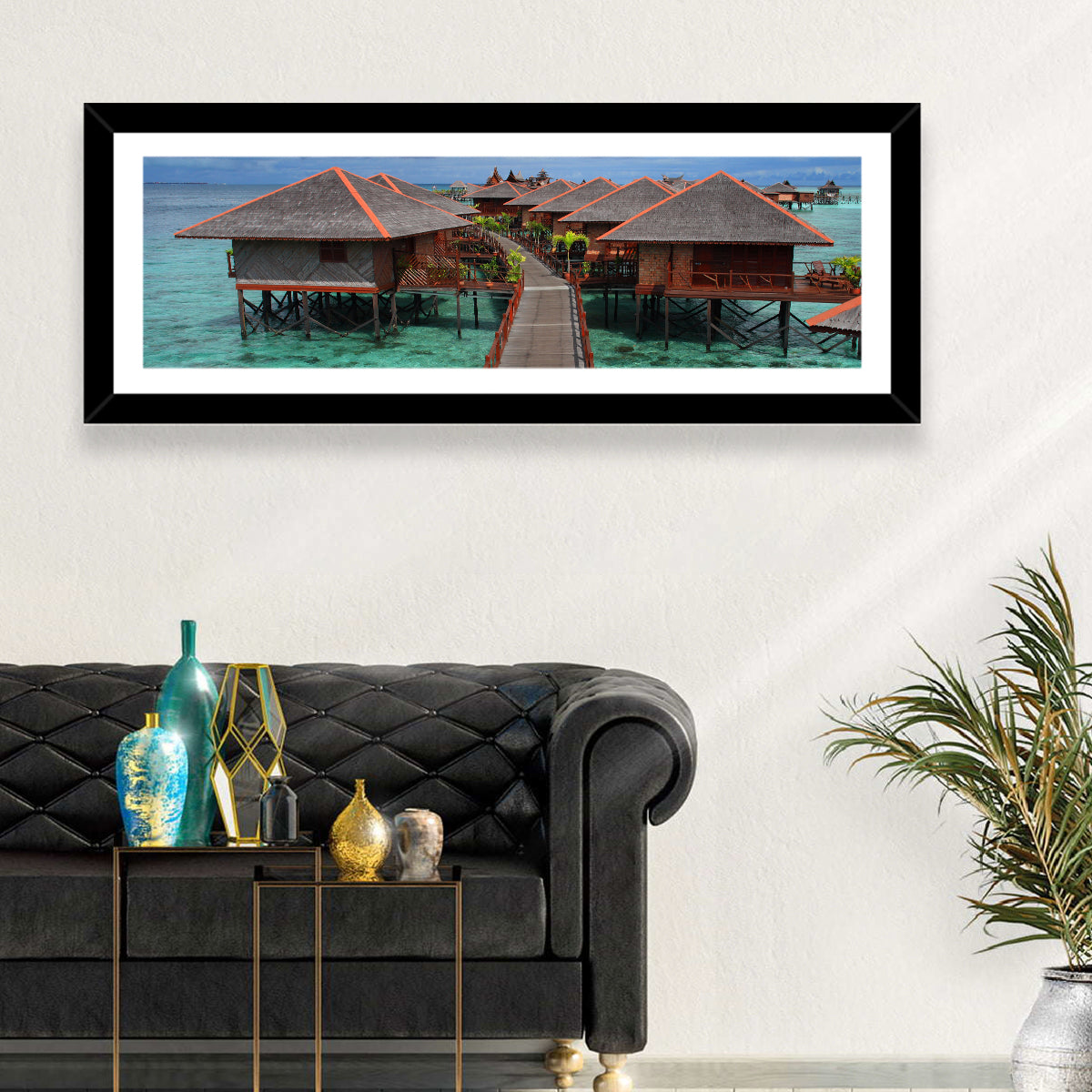 Overwater Bungalows Boardwalk Over Turquoise Sea Wall Art in a room, panoramic