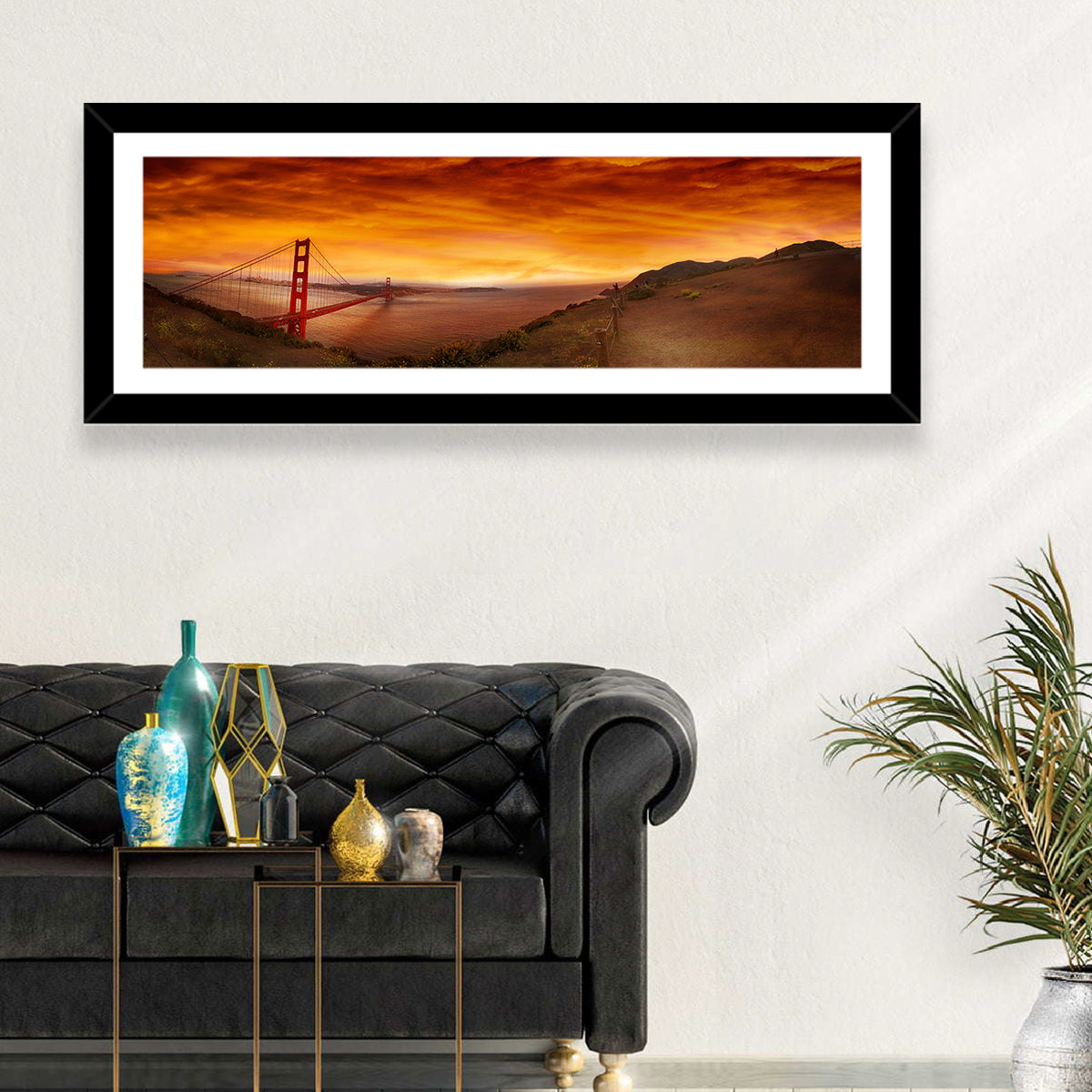 Golden Gate Bridge at Sunset Wall Art in a room, panoramic