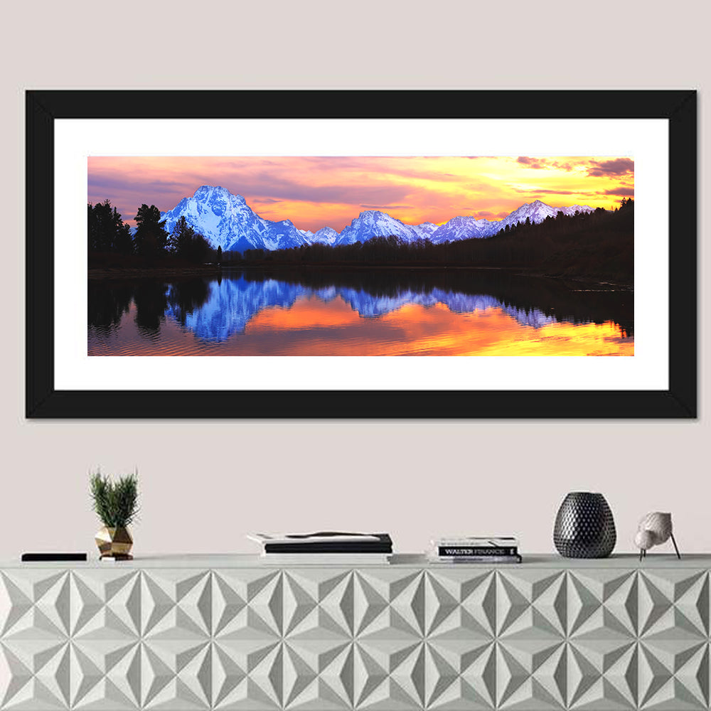 Grand Teton Sunset Reflection Wall Art in a room, panoramic
