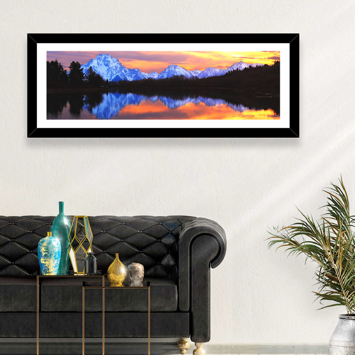 Grand Teton Sunset Reflection Wall Art in a room, panoramic