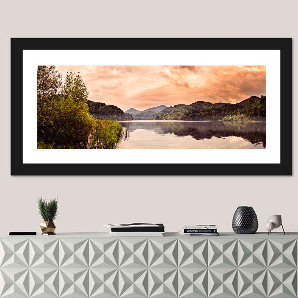 Cloudy Lake at Golden Hour Wall Art in a room, panoramic