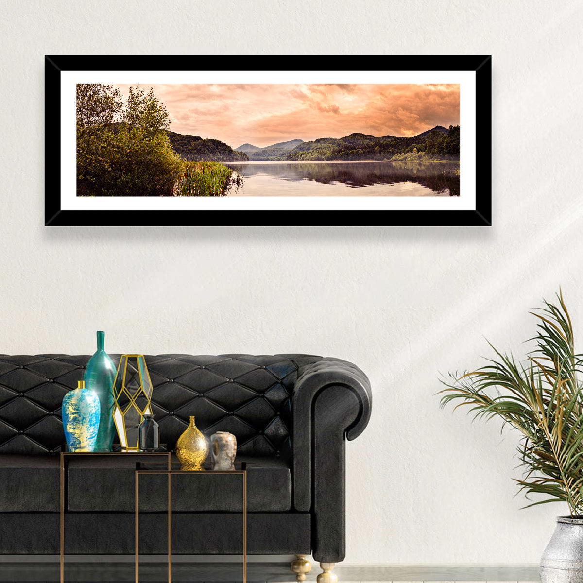 Cloudy Lake at Golden Hour Wall Art in a room, panoramic