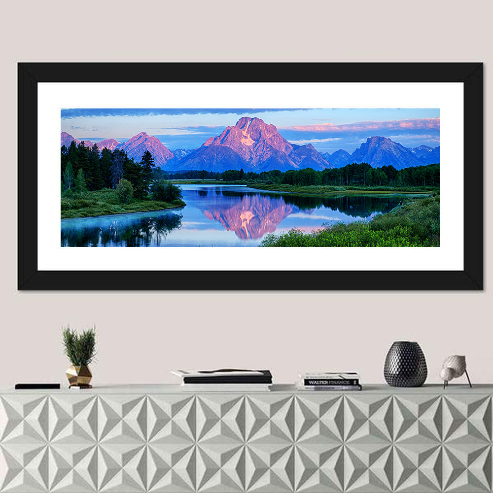 Oxbow Bend Dawn Reflection Wall Art in a room, panoramic