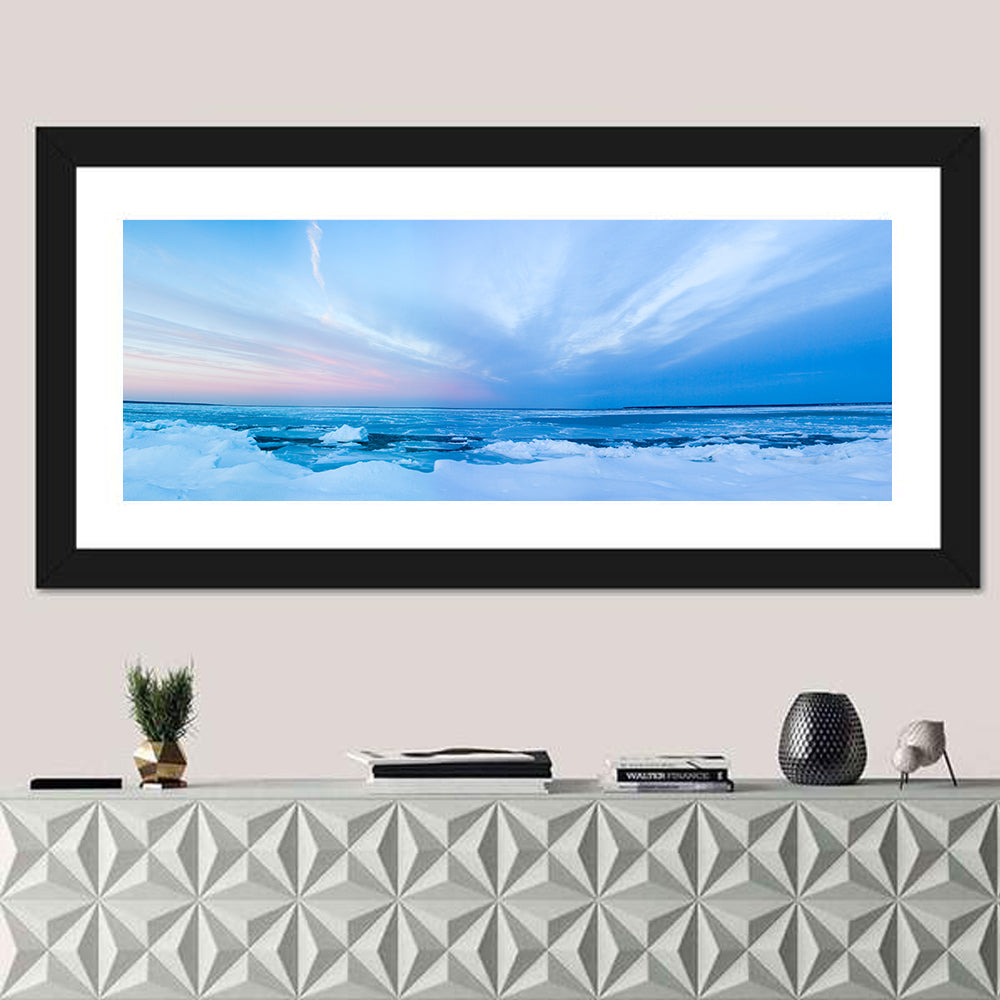 Frozen Blue Seascape Wall Art in a room, panoramic