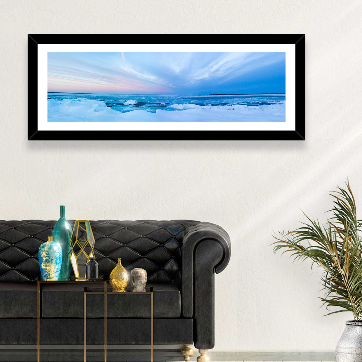 Frozen Blue Seascape Wall Art in a room, panoramic