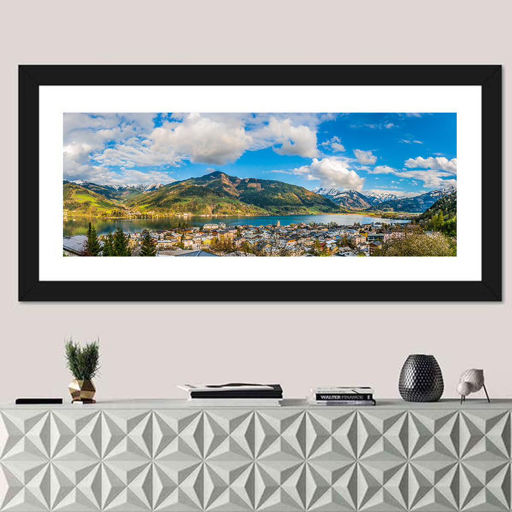 Zell Am See Shoreline Wall Art in a room, panoramic