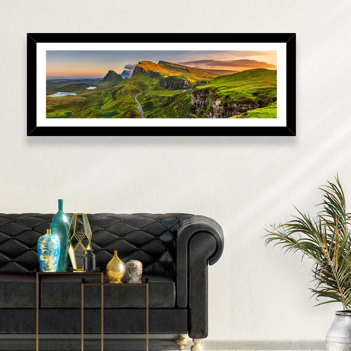 Quiraing Golden Hour, Isle of Skye Wall Art in a room, panoramic