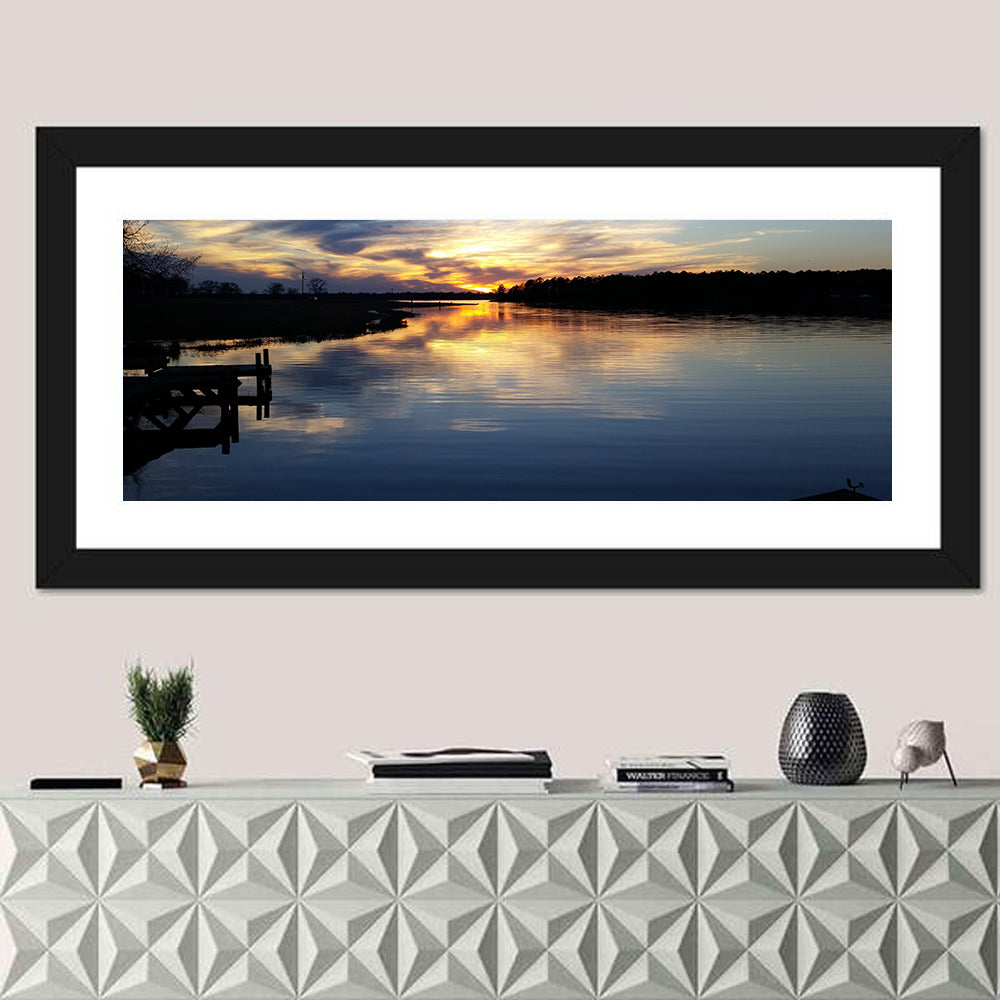 Lake Palestine Pier at Sunset Wall Art in a room, panoramic