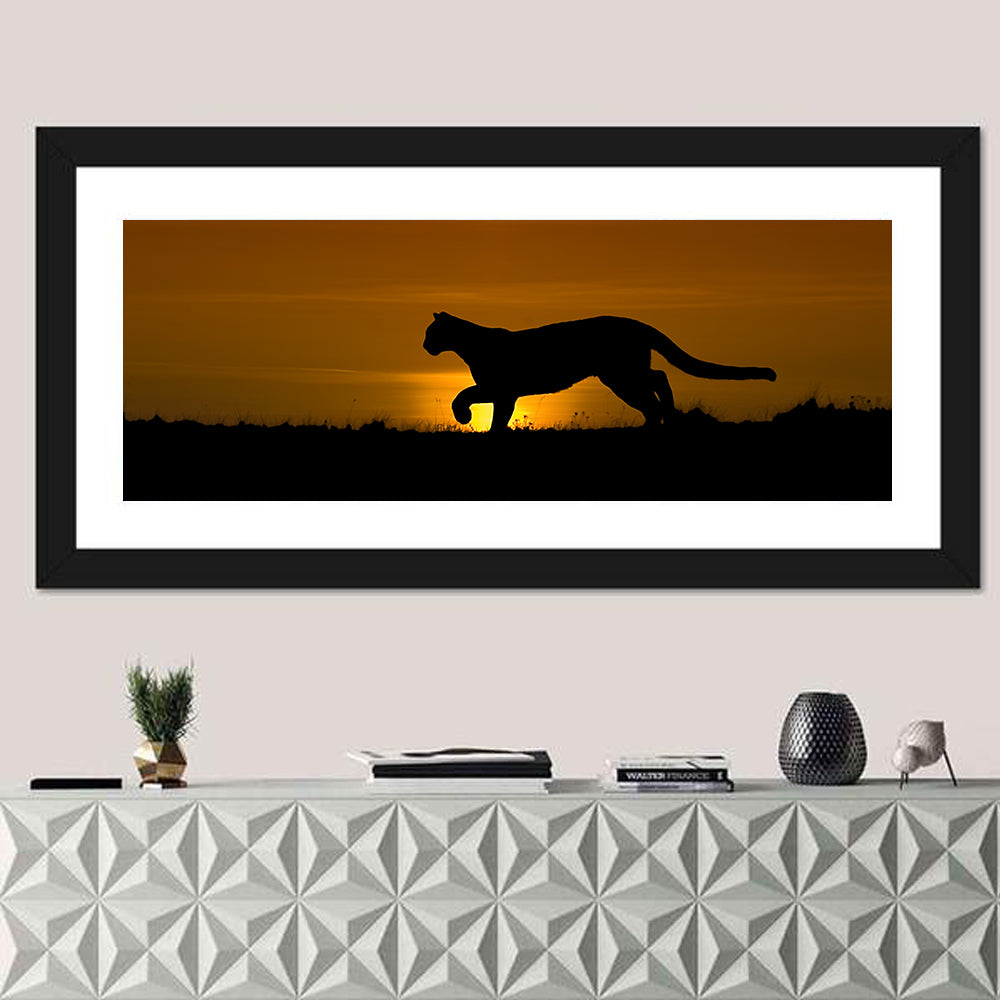Cougar Silhouette at Sunset Wall Art in a room, panoramic
