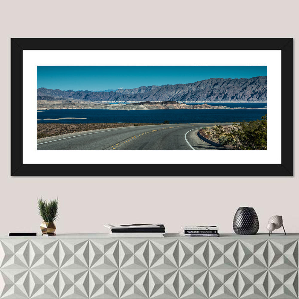 Lake Mead Curved Road Wall Art in a room, panoramic