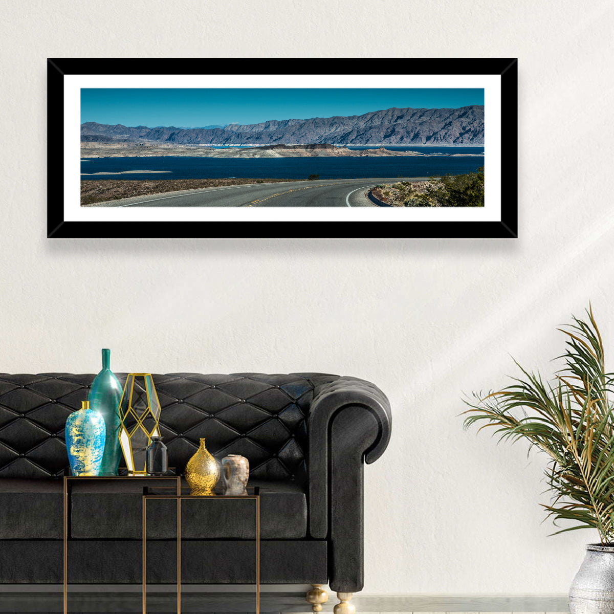 Lake Mead Curved Road Wall Art in a room, panoramic