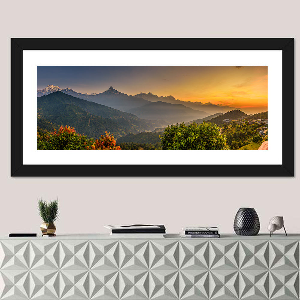 Annapurna Sunrise Over Pokhara Wall Art in a room, panoramic