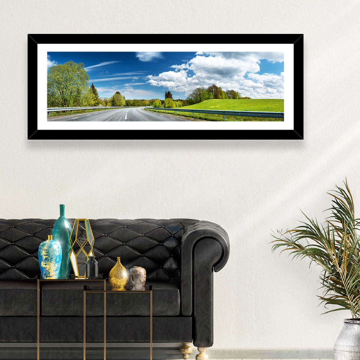 Sunlit Asphalt Road Wall Art in a room, panoramic