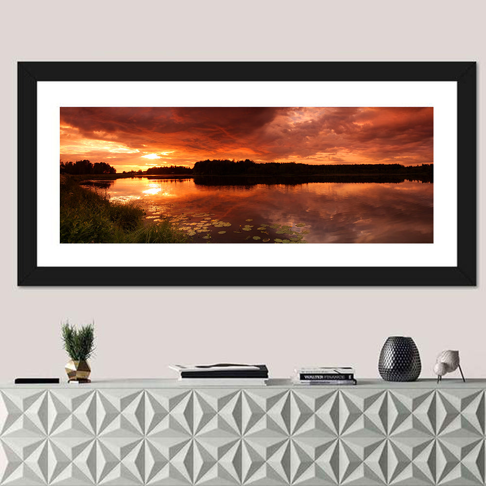 Sunset Lake Reflection Wall Art in a room, panoramic