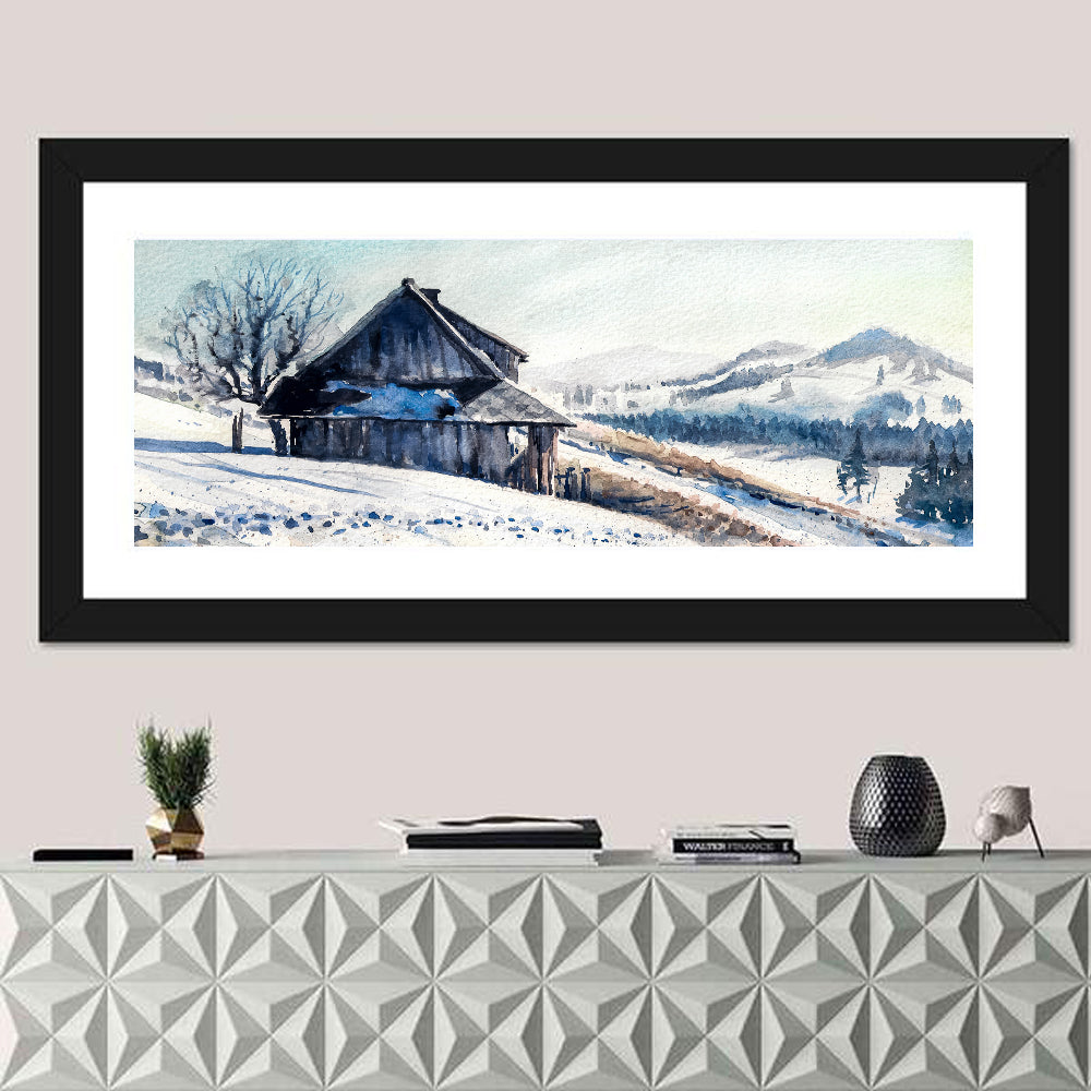 Snowy Mountain Cabin Wall Art in a room, panoramic