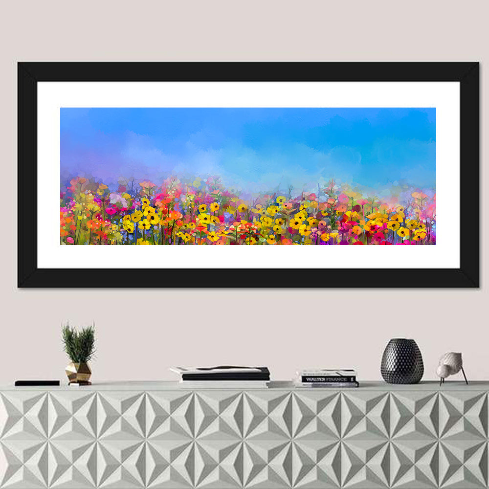 Cornflower and Daisy Meadow Wall Art in a room, panoramic