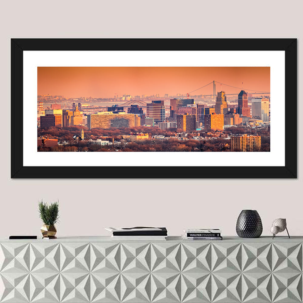 Newark Golden Hour Skyline Wall Art in a room, panoramic