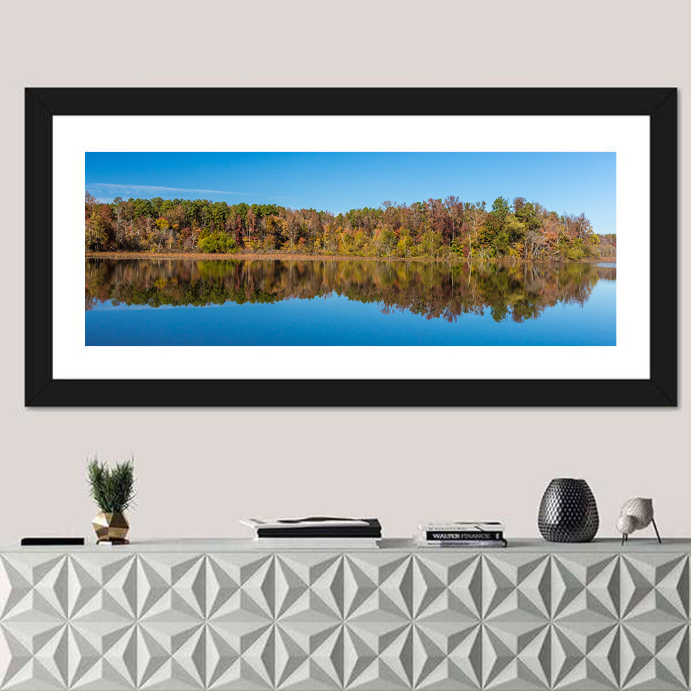 Petit Jean Lake Reflection Wall Art in a room, panoramic