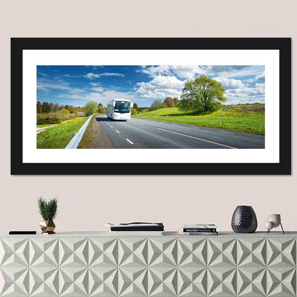 White Bus on Meadow Road Wall Art in a room, panoramic