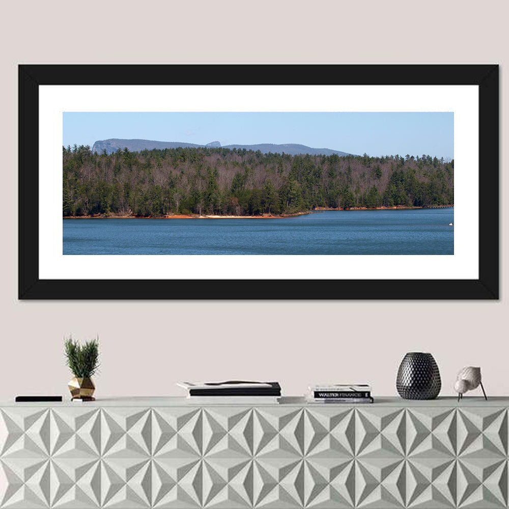 Lake James Shoreline Wall Art in a room, panoramic