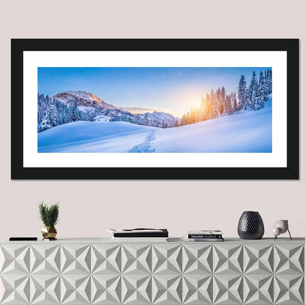 Snowy Mountain Chalet Sunset Wall Art in a room, panoramic