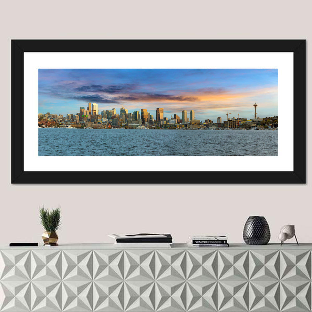 Seattle Skyline at Dusk Wall Art in a room, panoramic