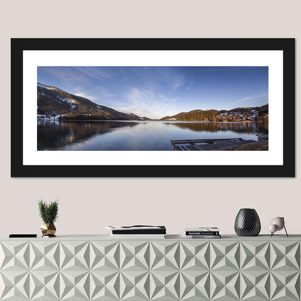 Fuschlsee Dock at Golden Hour Wall Art in a room, panoramic
