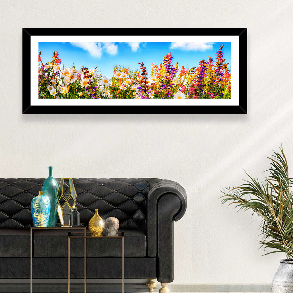 Spring Meadow Wildflowers Wall Art in a room, panoramic