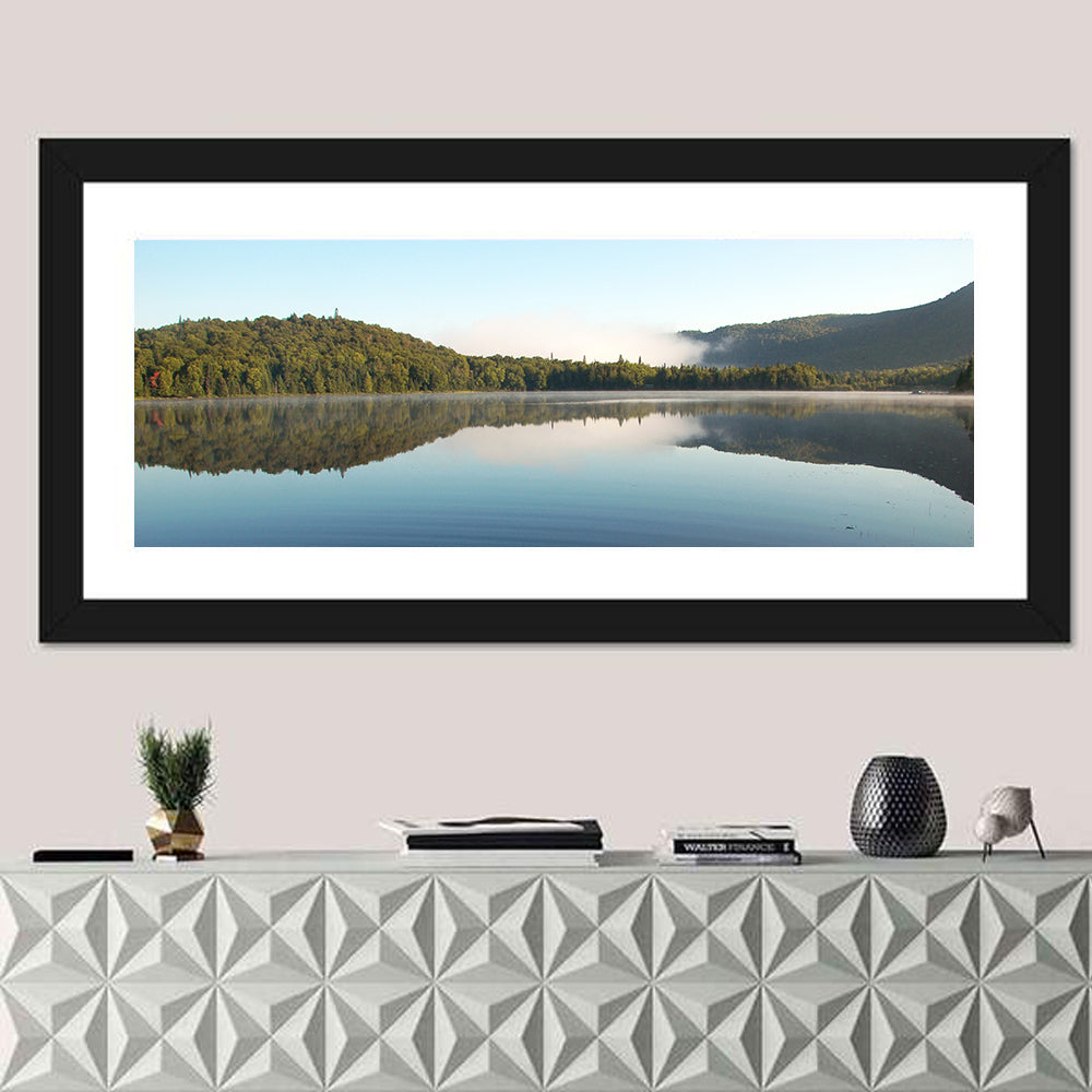 Lake Monroe Morning Reflection Wall Art in a room, panoramic