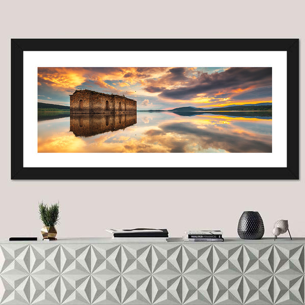 Sunken Church at Zhrebchevo Dam Wall Art in a room, panoramic