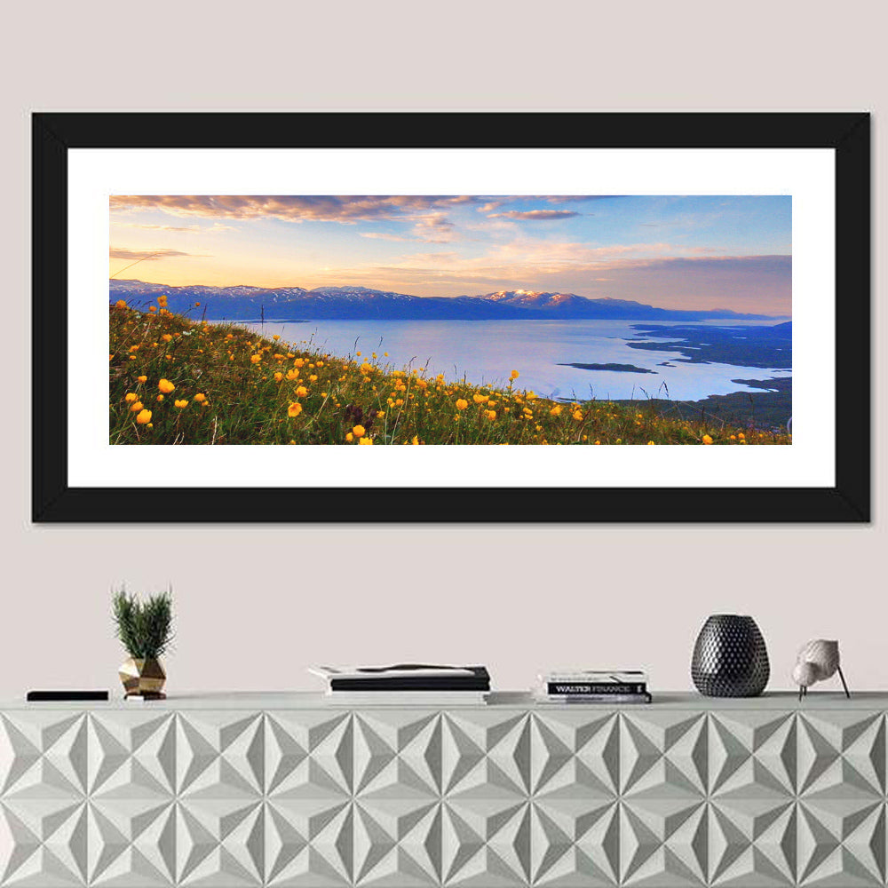 Abisko National Park Sunrise Wall Art in a room, panoramic