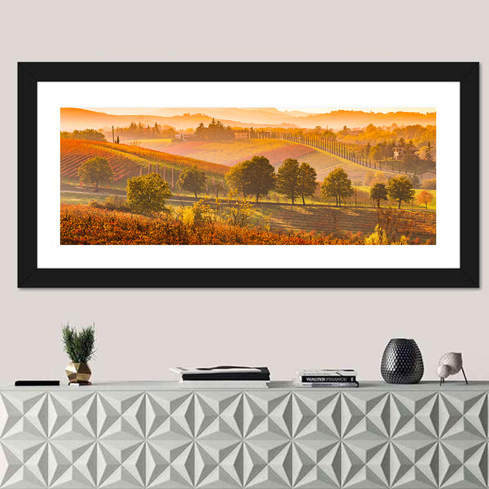 Golden Hour Vineyard Hills Wall Art in a room, panoramic