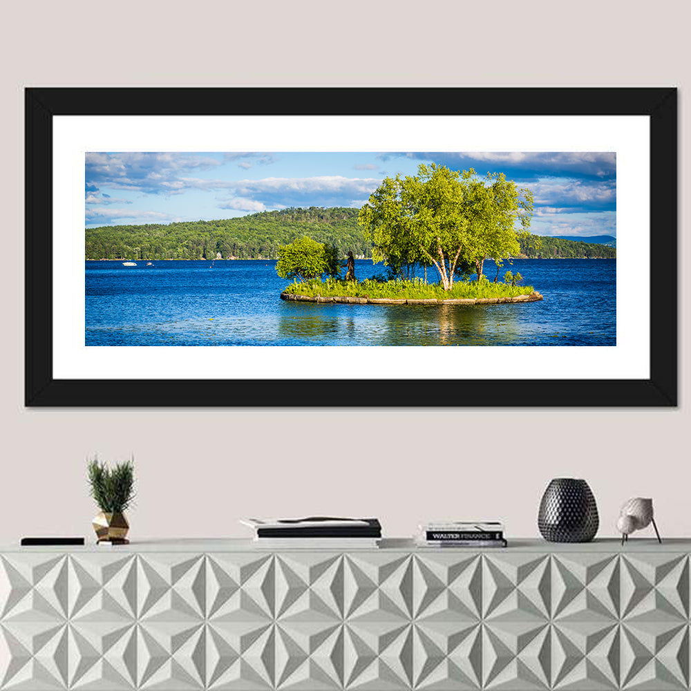 Lake Winnipesaukee Landscape Wall Art in a room, panoramic