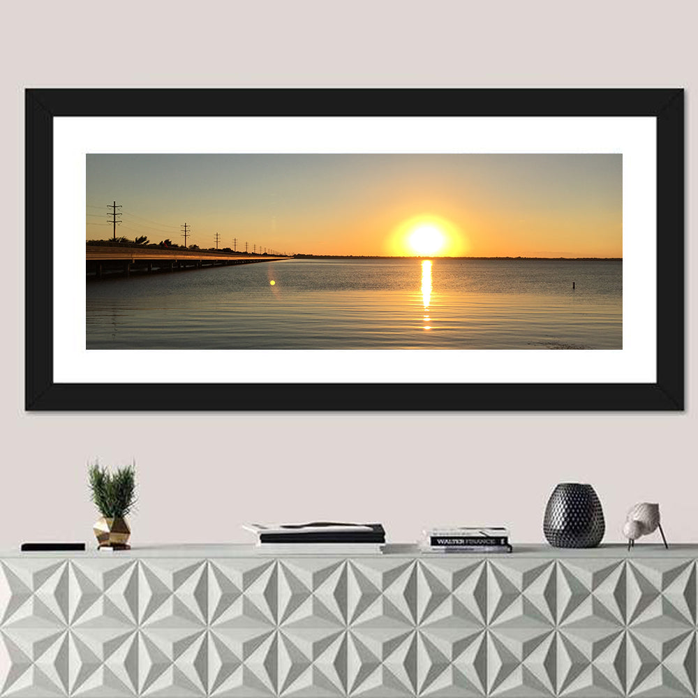 Lake Ray Hubbard Sunset Reflection Wall Art in a room, panoramic