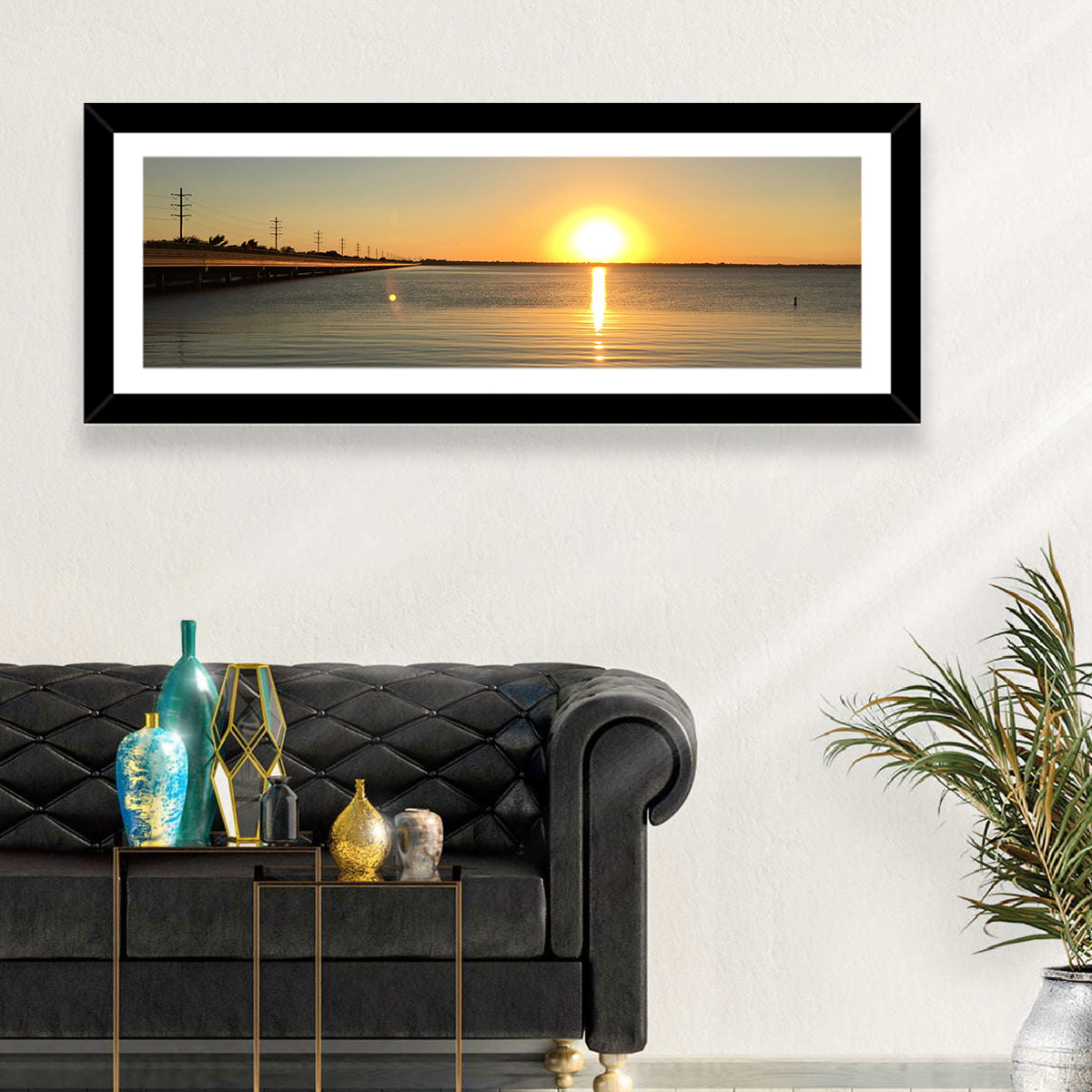 Lake Ray Hubbard Sunset Reflection Wall Art in a room, panoramic