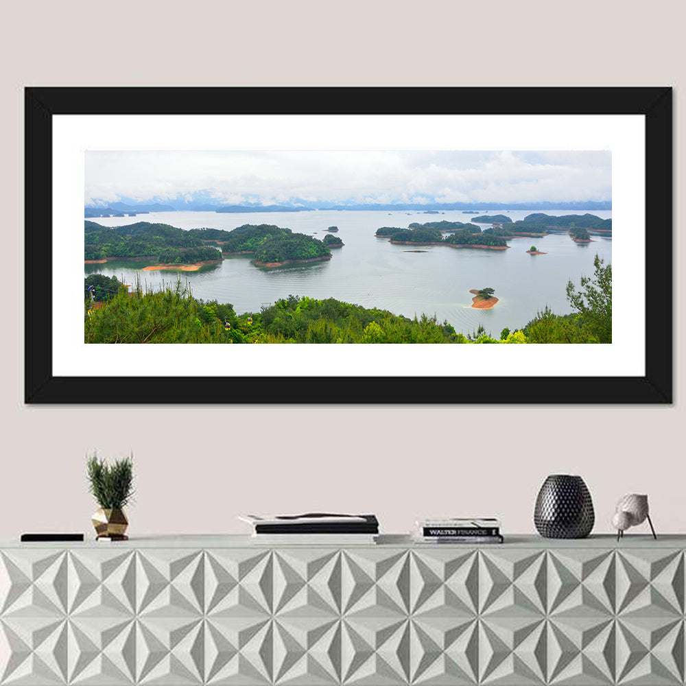 Qiandao Lake Islands View Wall Art in a room, panoramic